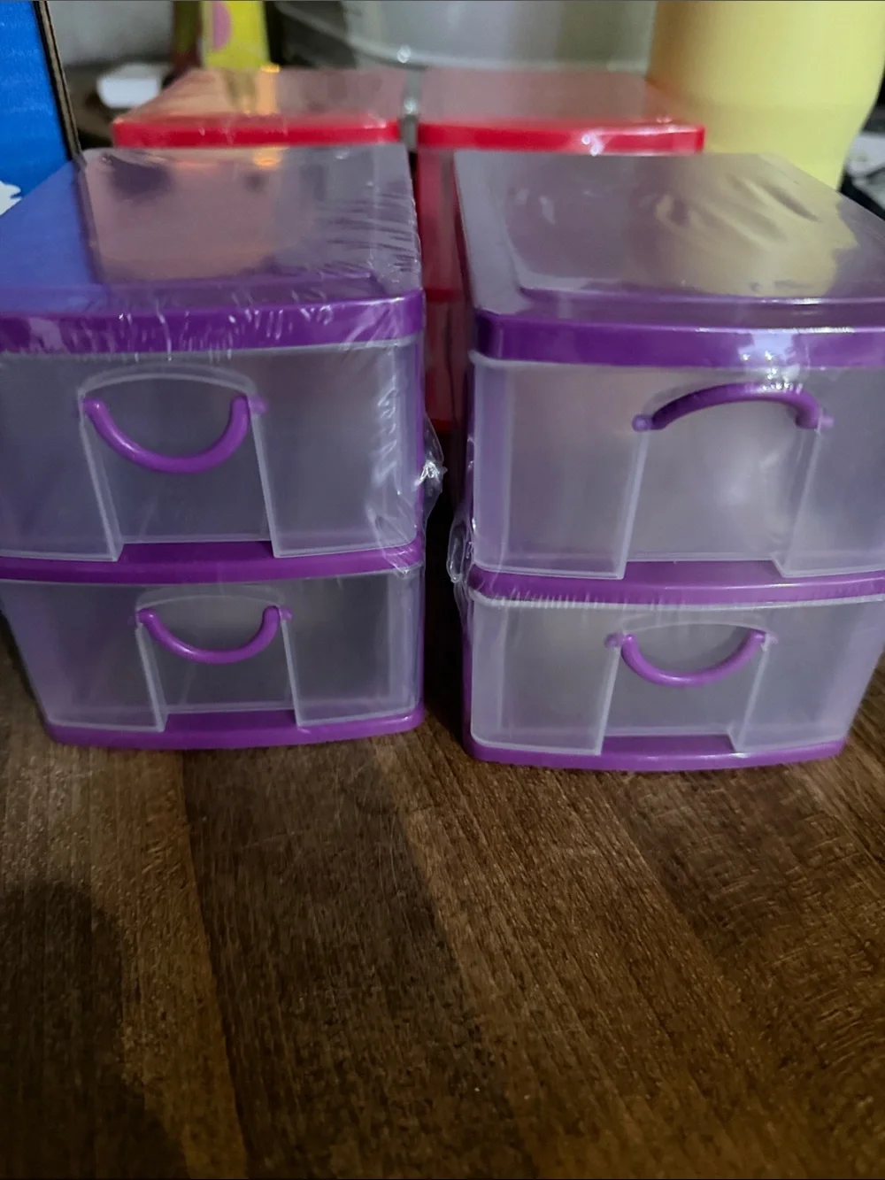 (4) Two-Drawer Plastic Storage Organizer - Purple and Red mini organizers